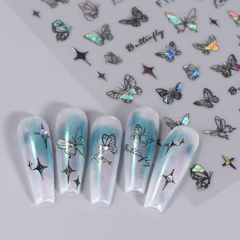 1PCS Black White Butterfly Laser Nail Stickers Y2K Nail Art Decoration Abstract Lines Bronzing Flowers Stickers for Nails