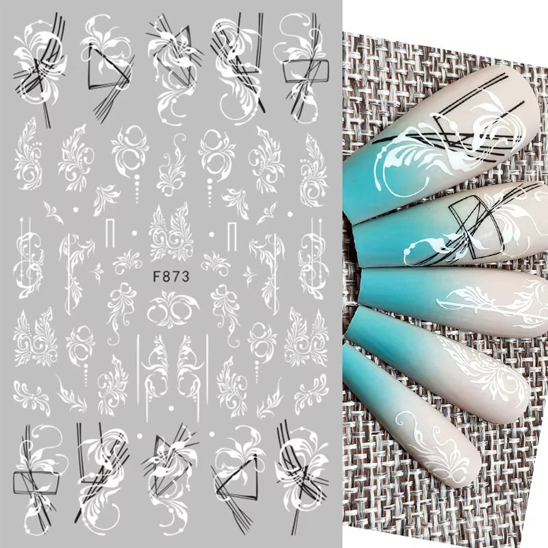 1PCS Black White Butterfly Laser Nail Stickers Y2K Nail Art Decoration Abstract Lines Bronzing Flowers Stickers for Nails