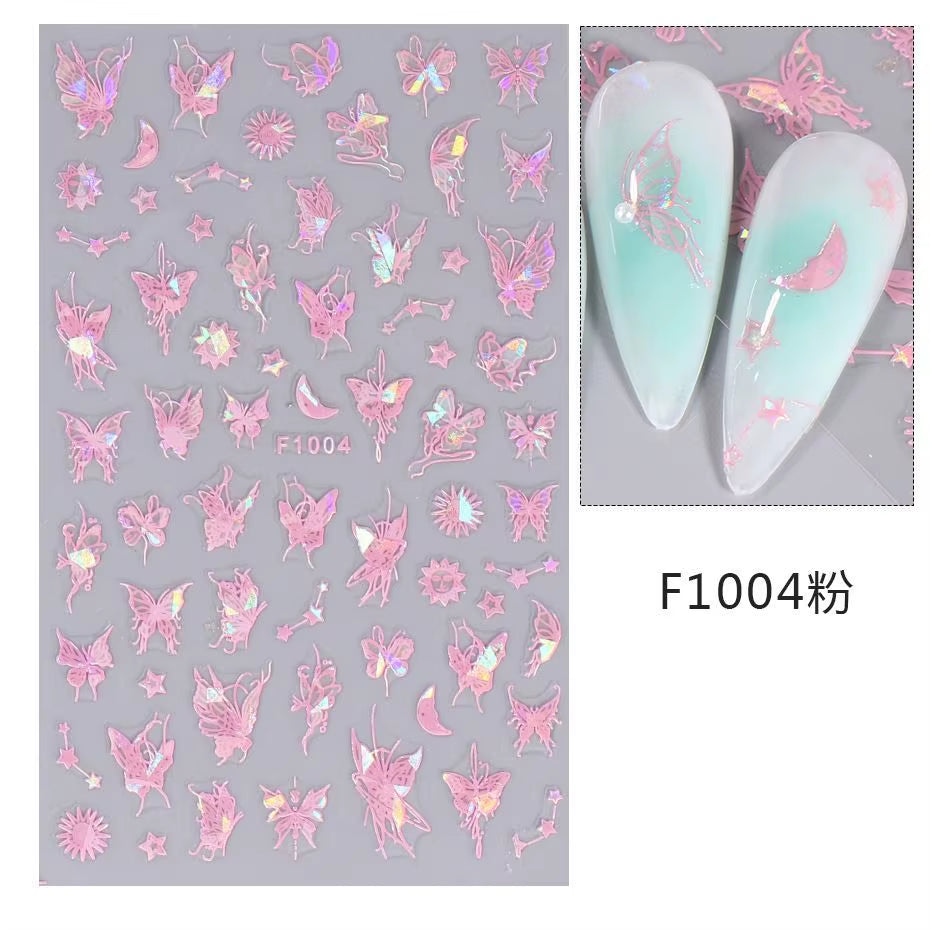 1PCS Black White Butterfly Laser Nail Stickers Y2K Nail Art Decoration Abstract Lines Bronzing Flowers Stickers for Nails