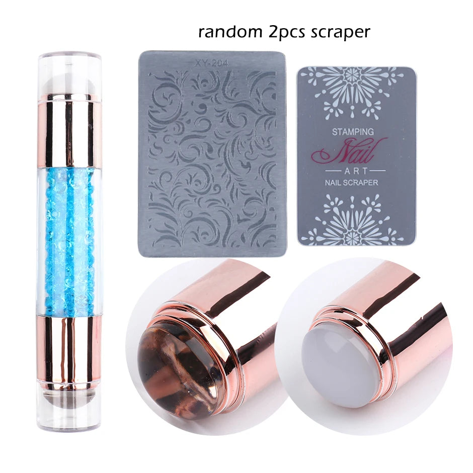 Mirror Nail Stamper Clear Silicone Head Manicure Scraper Polish Transfer Template Kits with Cap Nail Art Stamping Plate CH1033-1