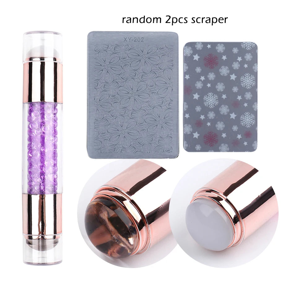 Mirror Nail Stamper Clear Silicone Head Manicure Scraper Polish Transfer Template Kits with Cap Nail Art Stamping Plate CH1033-1