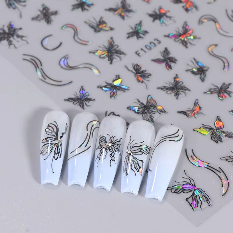 1PCS Black White Butterfly Laser Nail Stickers Y2K Nail Art Decoration Abstract Lines Bronzing Flowers Stickers for Nails
