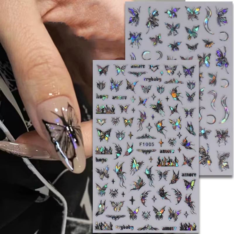 1PCS Black White Butterfly Laser Nail Stickers Y2K Nail Art Decoration Abstract Lines Bronzing Flowers Stickers for Nails