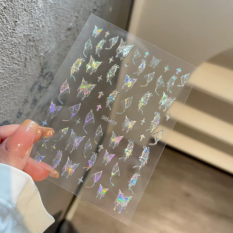 1PCS Black White Butterfly Laser Nail Stickers Y2K Nail Art Decoration Abstract Lines Bronzing Flowers Stickers for Nails