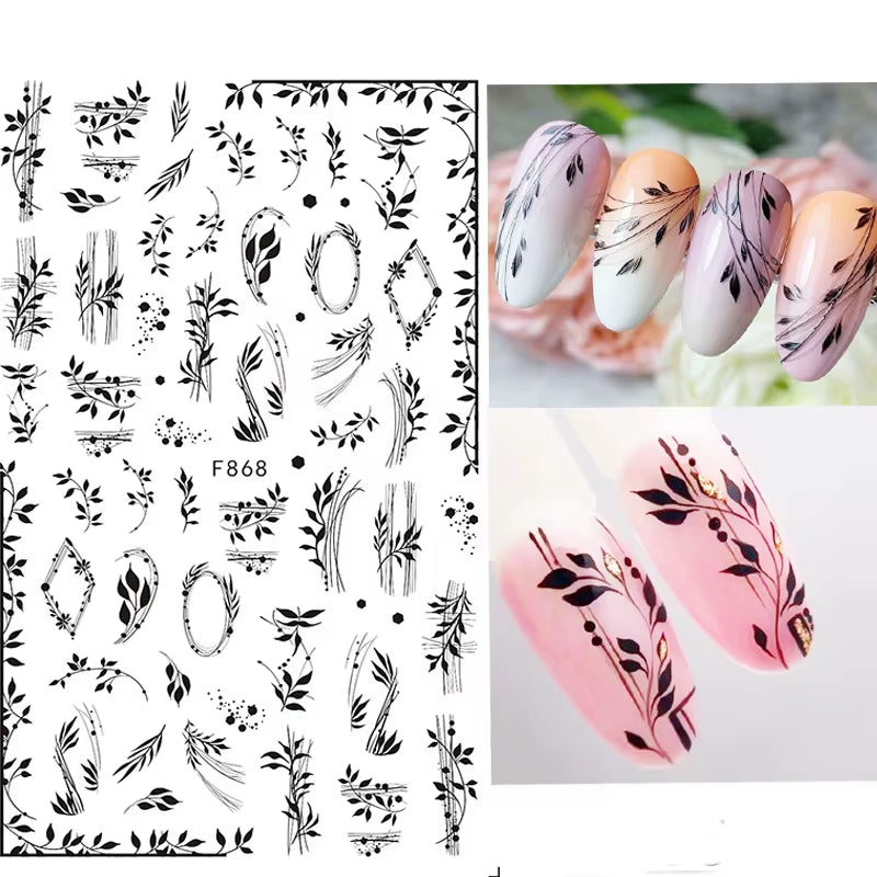 1PCS Black White Butterfly Laser Nail Stickers Y2K Nail Art Decoration Abstract Lines Bronzing Flowers Stickers for Nails