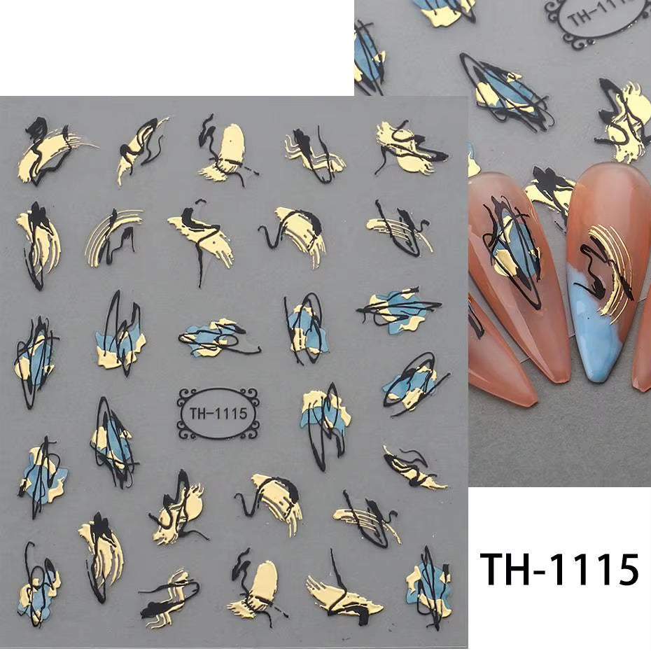 1PCS Black White Butterfly Laser Nail Stickers Y2K Nail Art Decoration Abstract Lines Bronzing Flowers Stickers for Nails