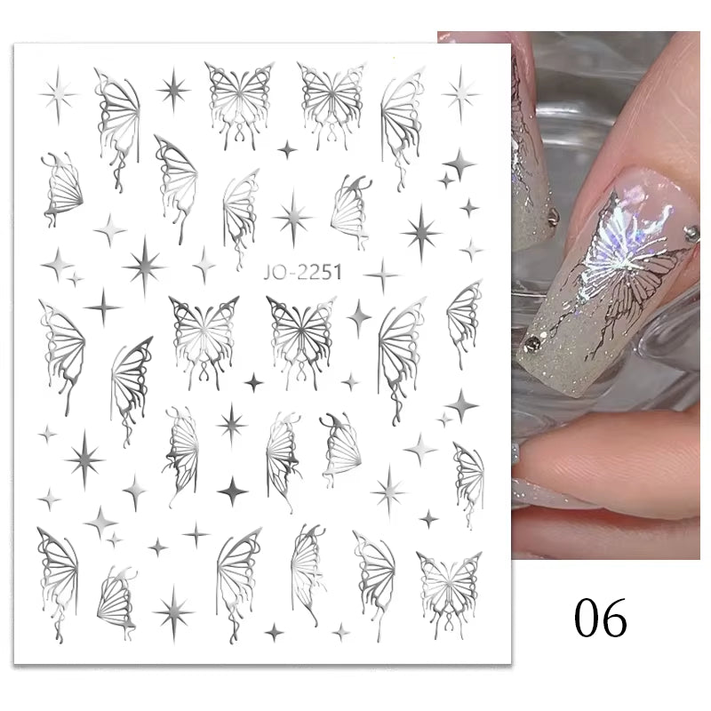 1PCS Black White Butterfly Laser Nail Stickers Y2K Nail Art Decoration Abstract Lines Bronzing Flowers Stickers for Nails