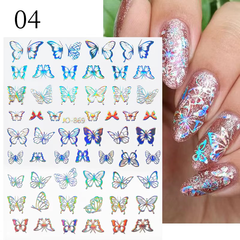 1PCS Black White Butterfly Laser Nail Stickers Y2K Nail Art Decoration Abstract Lines Bronzing Flowers Stickers for Nails