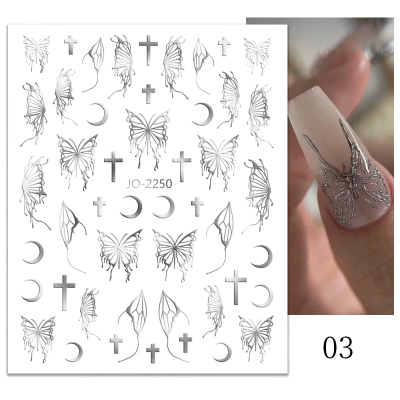 1PCS Black White Butterfly Laser Nail Stickers Y2K Nail Art Decoration Abstract Lines Bronzing Flowers Stickers for Nails
