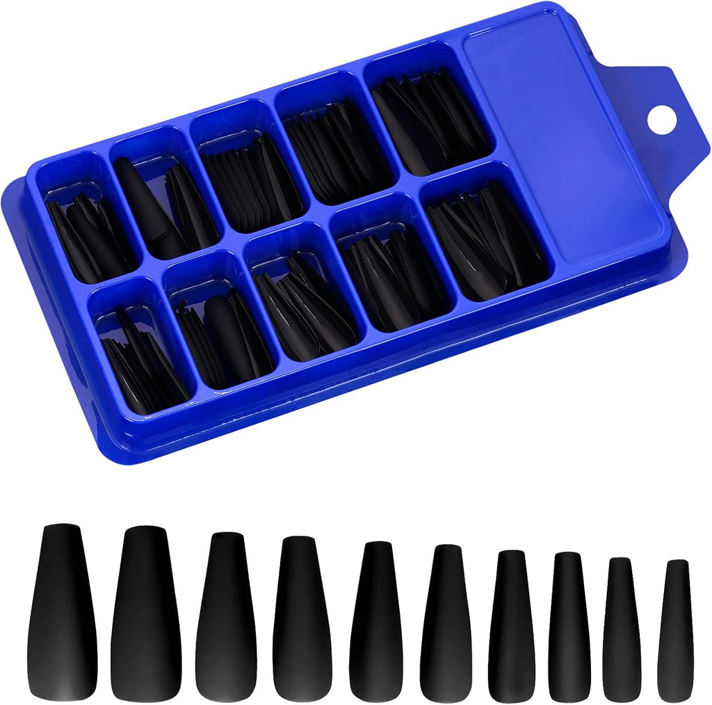 Matte Acrylic Fake Nails Tips Kit Set 100 Pieces False Fingernails Extension Long Square Shape Coffin Ballerina Full Cover on Press Professional Tech DIY Decorations Halloween Day(Black)