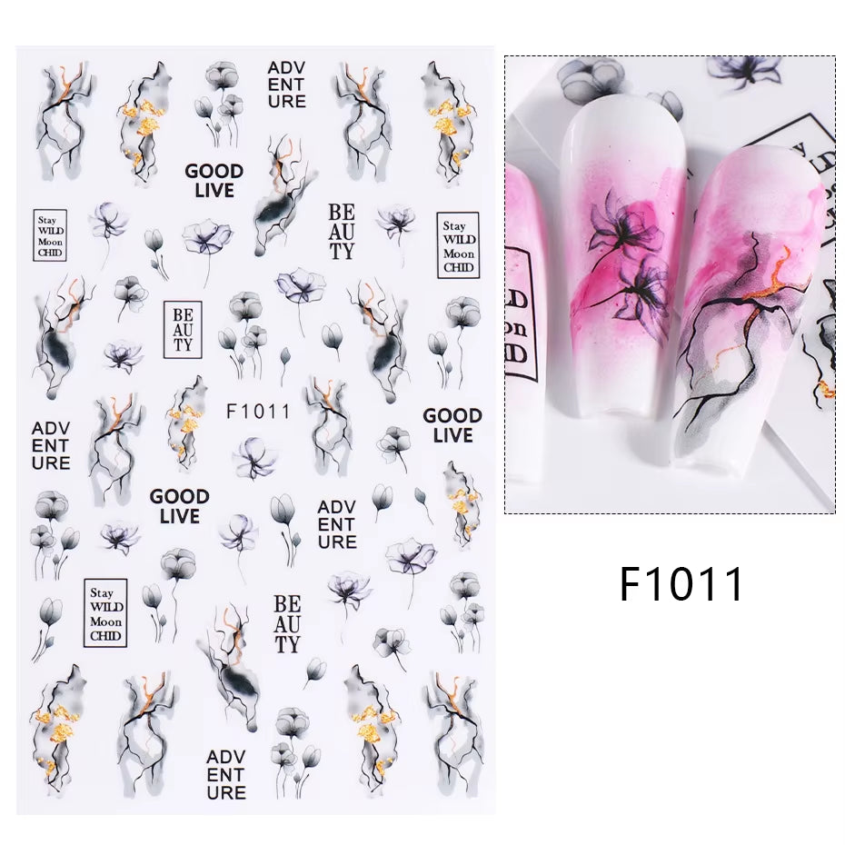 1PCS Black White Butterfly Laser Nail Stickers Y2K Nail Art Decoration Abstract Lines Bronzing Flowers Stickers for Nails