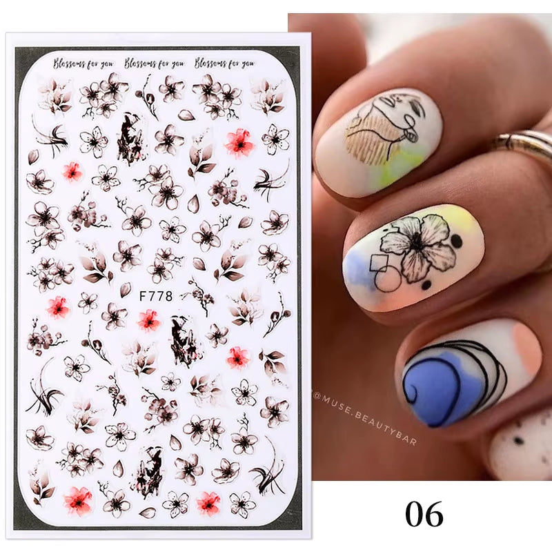 1PCS Black White Butterfly Laser Nail Stickers Y2K Nail Art Decoration Abstract Lines Bronzing Flowers Stickers for Nails