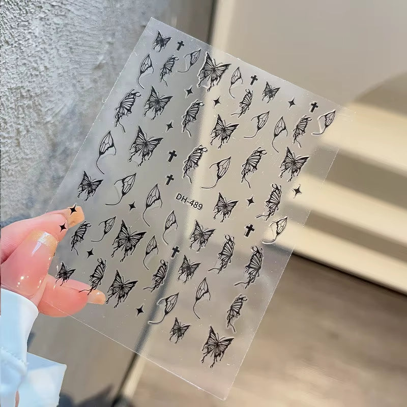 1PCS Black White Butterfly Laser Nail Stickers Y2K Nail Art Decoration Abstract Lines Bronzing Flowers Stickers for Nails