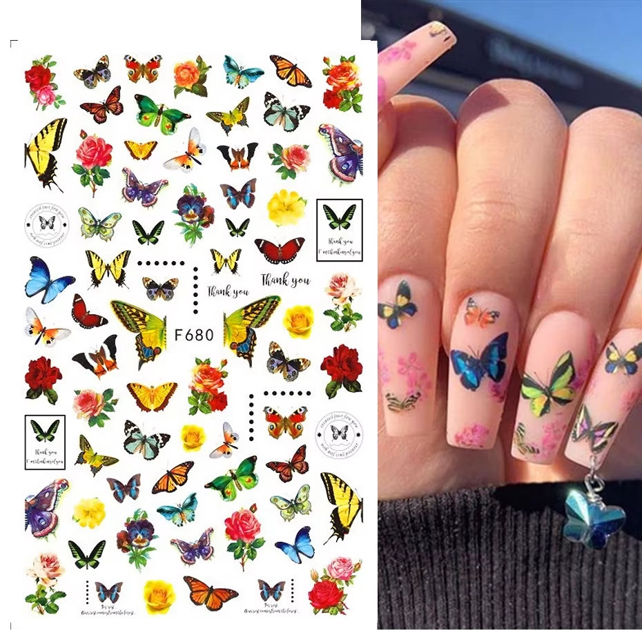 1PCS Black White Butterfly Laser Nail Stickers Y2K Nail Art Decoration Abstract Lines Bronzing Flowers Stickers for Nails