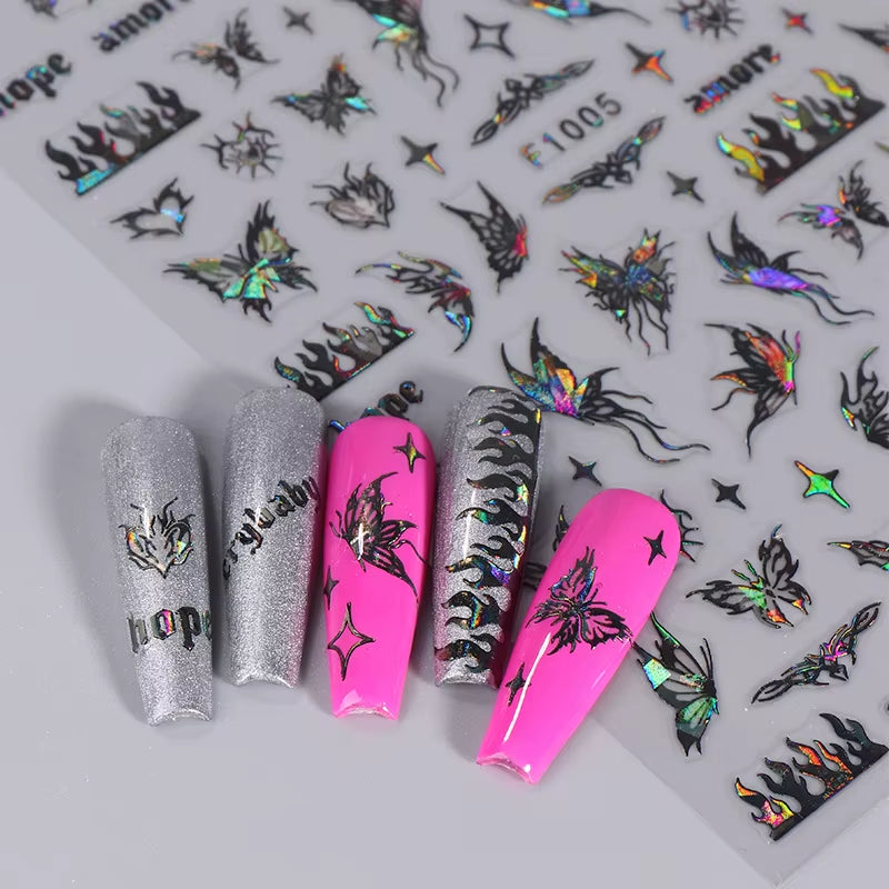 1PCS Black White Butterfly Laser Nail Stickers Y2K Nail Art Decoration Abstract Lines Bronzing Flowers Stickers for Nails