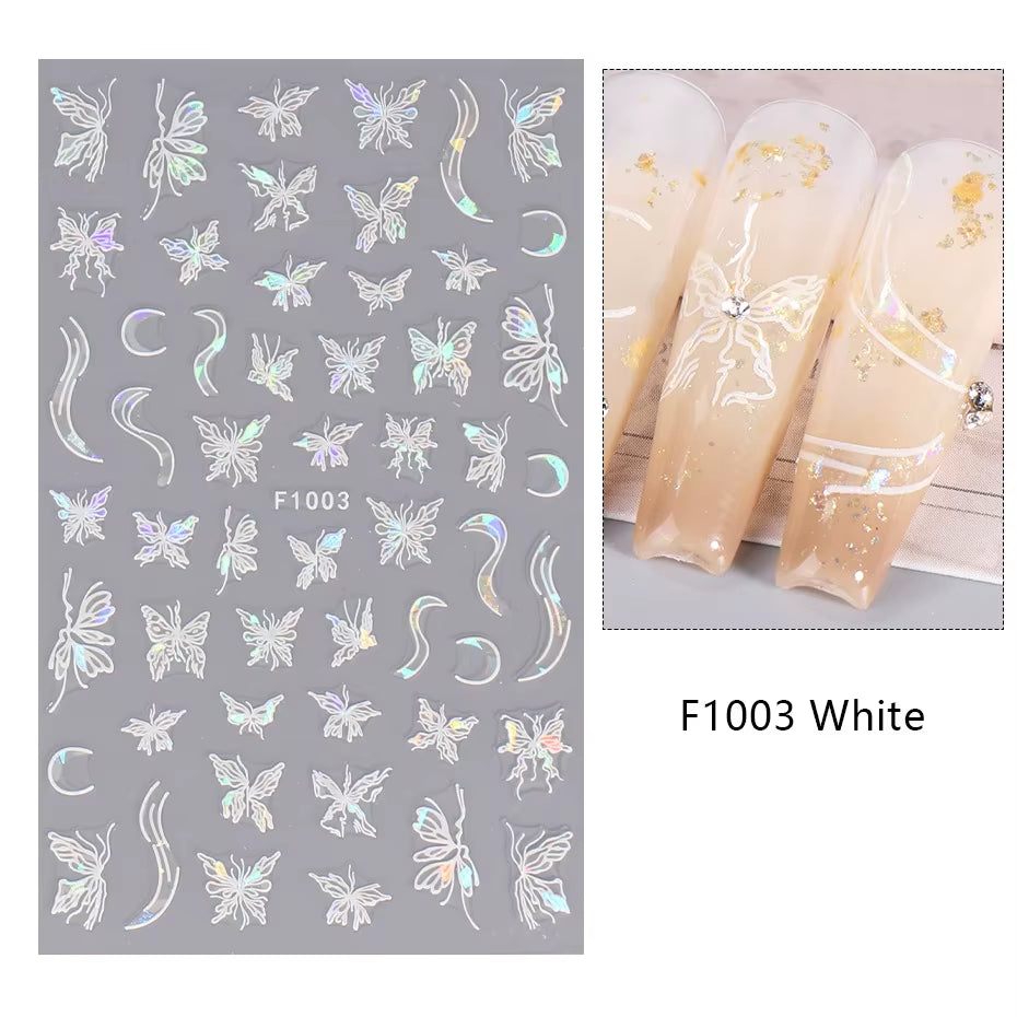 1PCS Black White Butterfly Laser Nail Stickers Y2K Nail Art Decoration Abstract Lines Bronzing Flowers Stickers for Nails