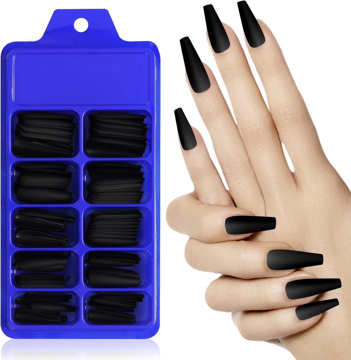 Matte Acrylic Fake Nails Tips Kit Set 100 Pieces False Fingernails Extension Long Square Shape Coffin Ballerina Full Cover on Press Professional Tech DIY Decorations Halloween Day(Black)