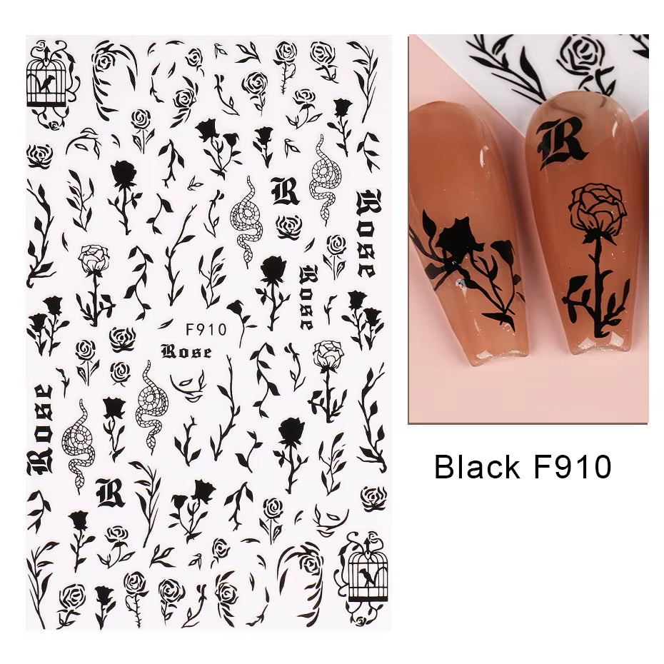 1PCS Black White Butterfly Laser Nail Stickers Y2K Nail Art Decoration Abstract Lines Bronzing Flowers Stickers for Nails
