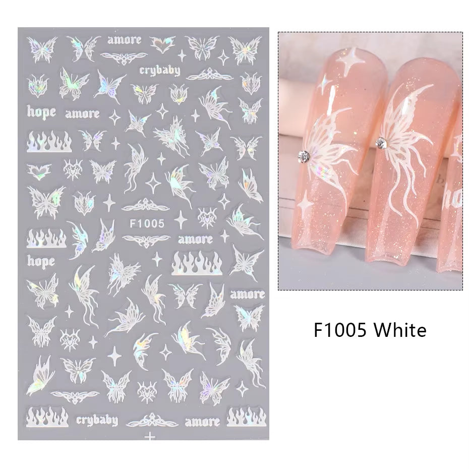 1PCS Black White Butterfly Laser Nail Stickers Y2K Nail Art Decoration Abstract Lines Bronzing Flowers Stickers for Nails