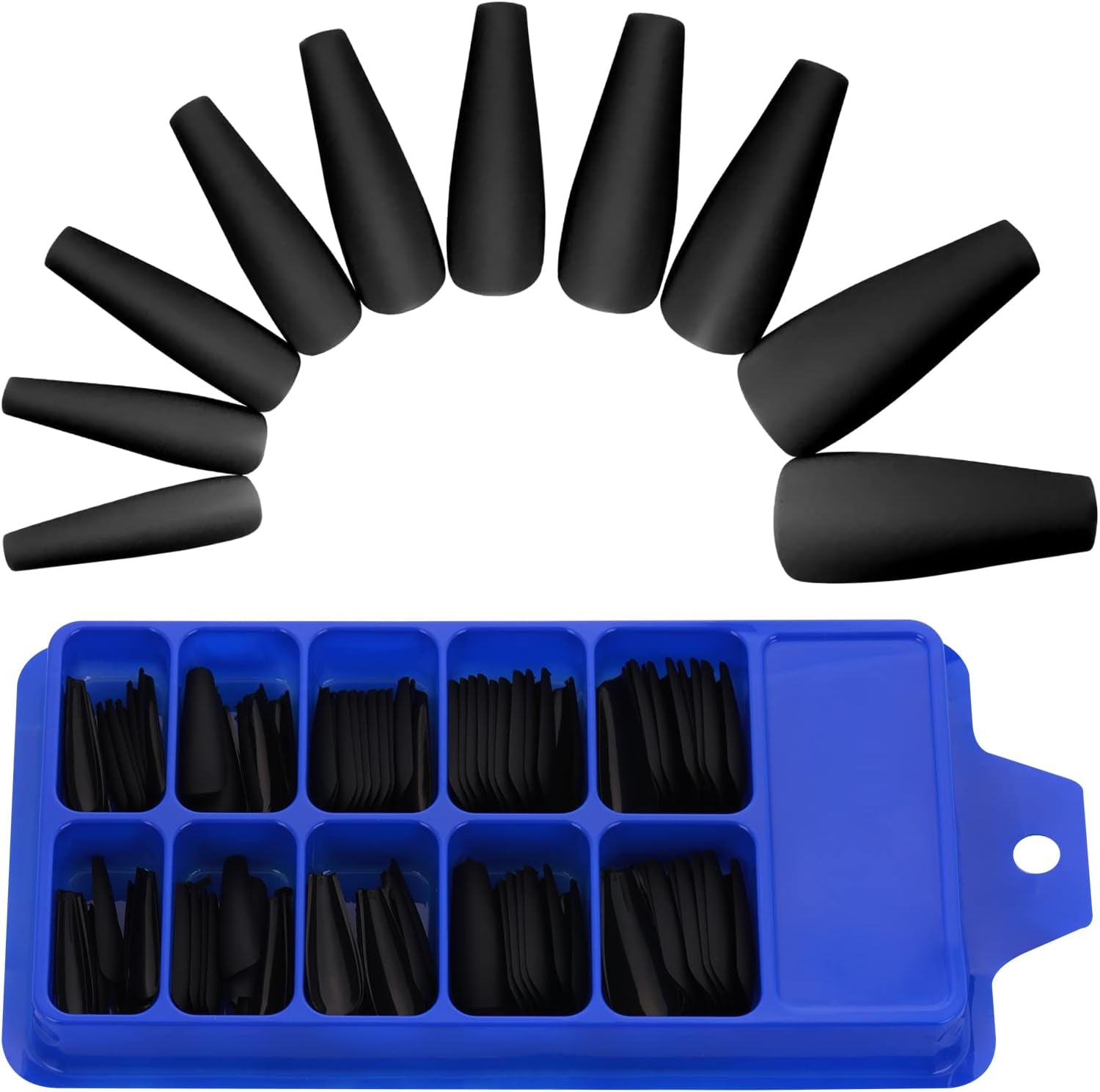 Matte Acrylic Fake Nails Tips Kit Set 100 Pieces False Fingernails Extension Long Square Shape Coffin Ballerina Full Cover on Press Professional Tech DIY Decorations Halloween Day(Black)