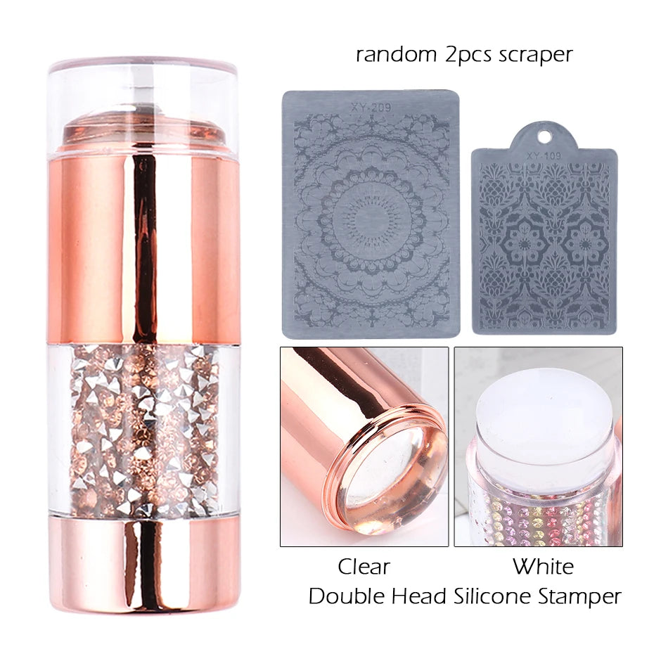 Mirror Nail Stamper Clear Silicone Head Manicure Scraper Polish Transfer Template Kits with Cap Nail Art Stamping Plate CH1033-1