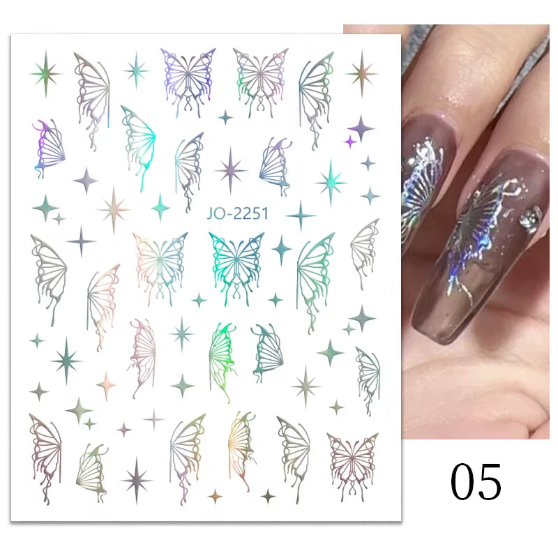 1PCS Black White Butterfly Laser Nail Stickers Y2K Nail Art Decoration Abstract Lines Bronzing Flowers Stickers for Nails