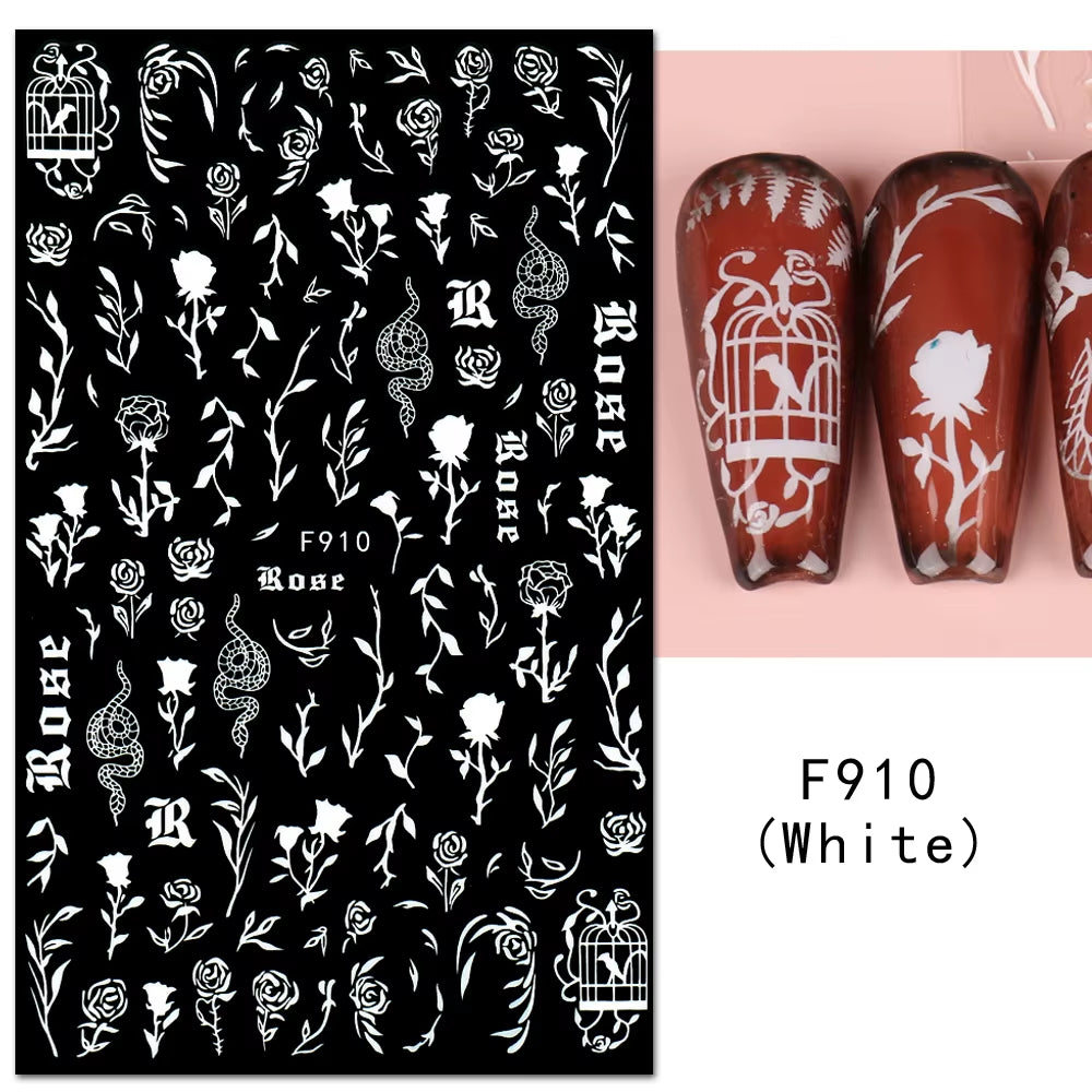 1PCS Black White Butterfly Laser Nail Stickers Y2K Nail Art Decoration Abstract Lines Bronzing Flowers Stickers for Nails
