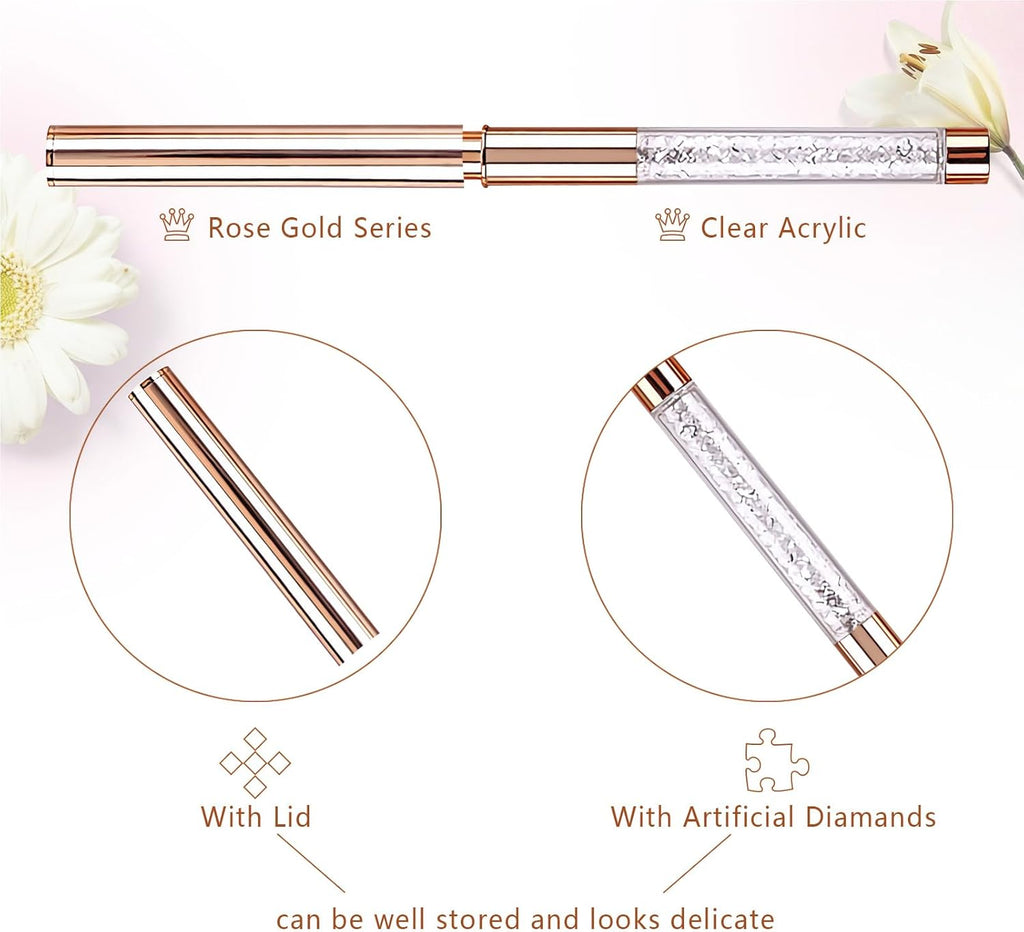 5PCS Nail Art Liner Brushes Long Set with Lid and Diamand Handle 7/9/11/15/20Mm,  Fine Detail Painting Cap Pens Kit Thin Acrylic Line Brush Tools for DIY Professional Design Rose Gold