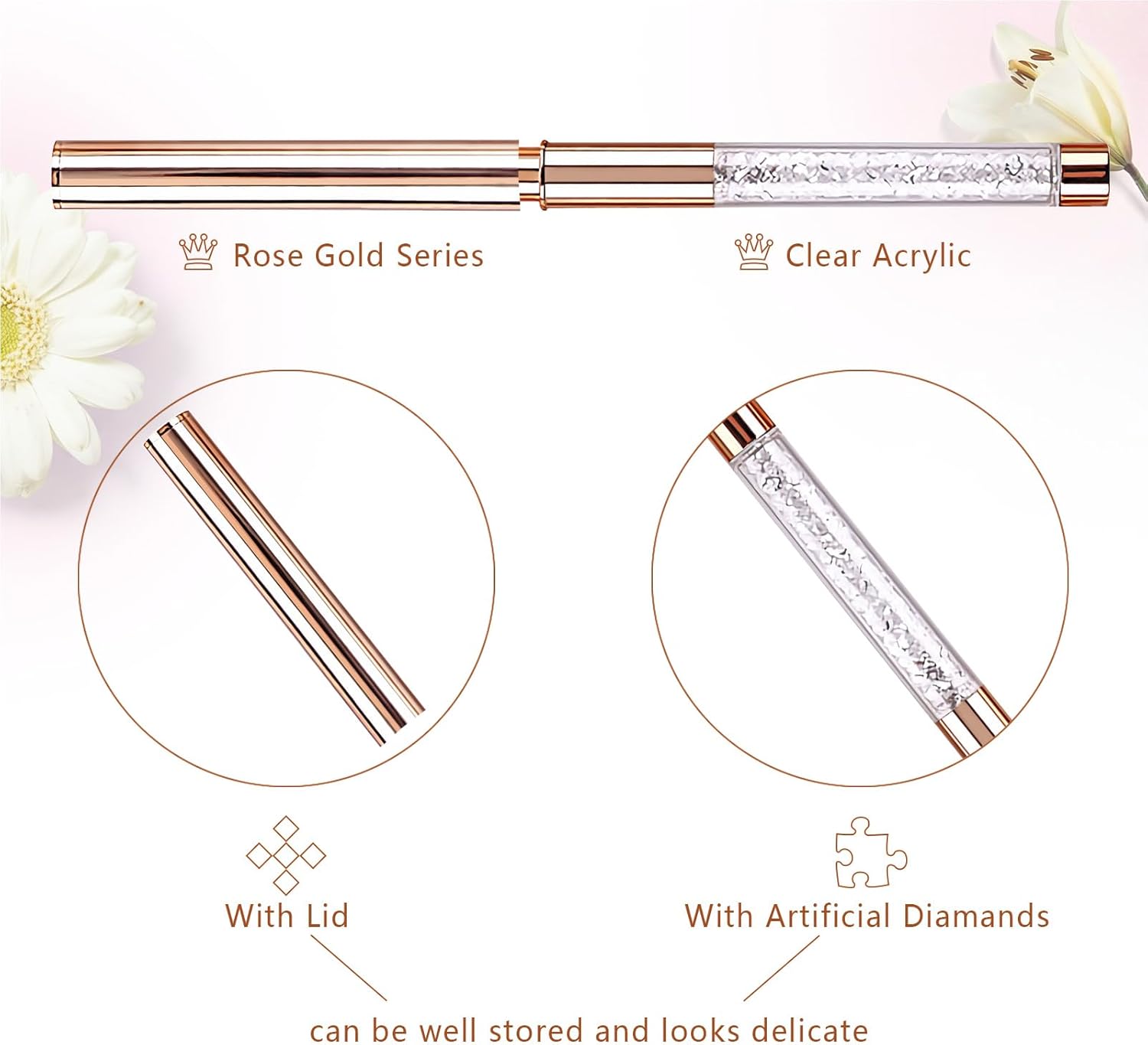 5PCS Nail Art Liner Brushes Long Set with Lid and Diamand Handle 7/9/11/15/20Mm,  Fine Detail Painting Cap Pens Kit Thin Acrylic Line Brush Tools for DIY Professional Design Rose Gold