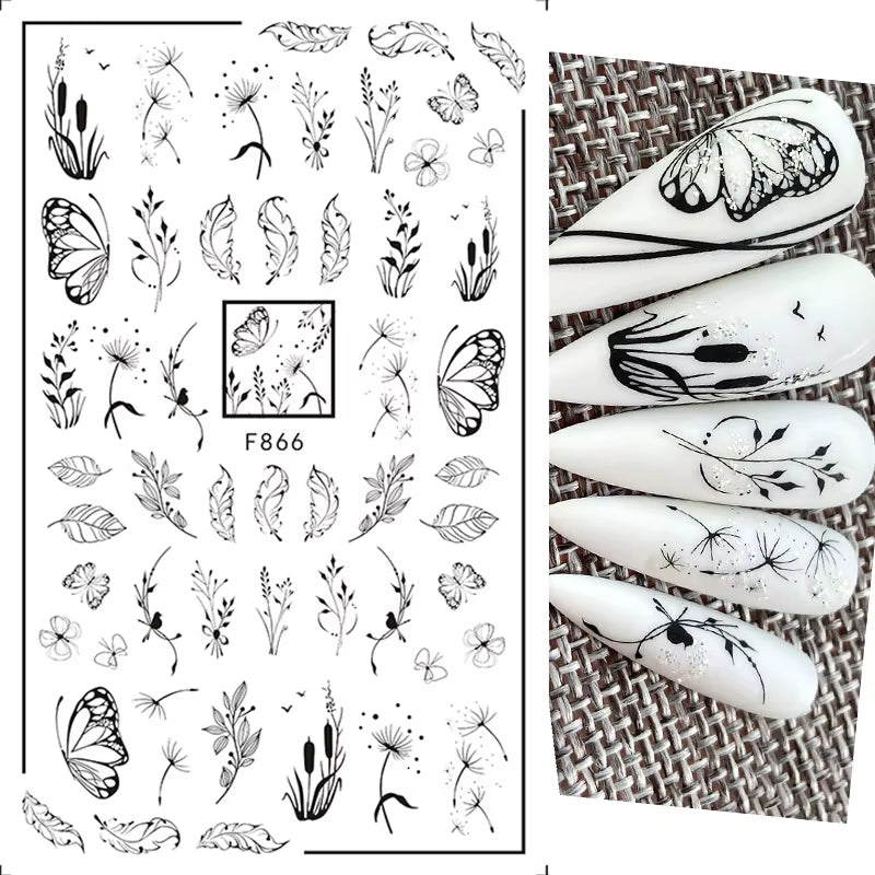 1PCS Black White Butterfly Laser Nail Stickers Y2K Nail Art Decoration Abstract Lines Bronzing Flowers Stickers for Nails