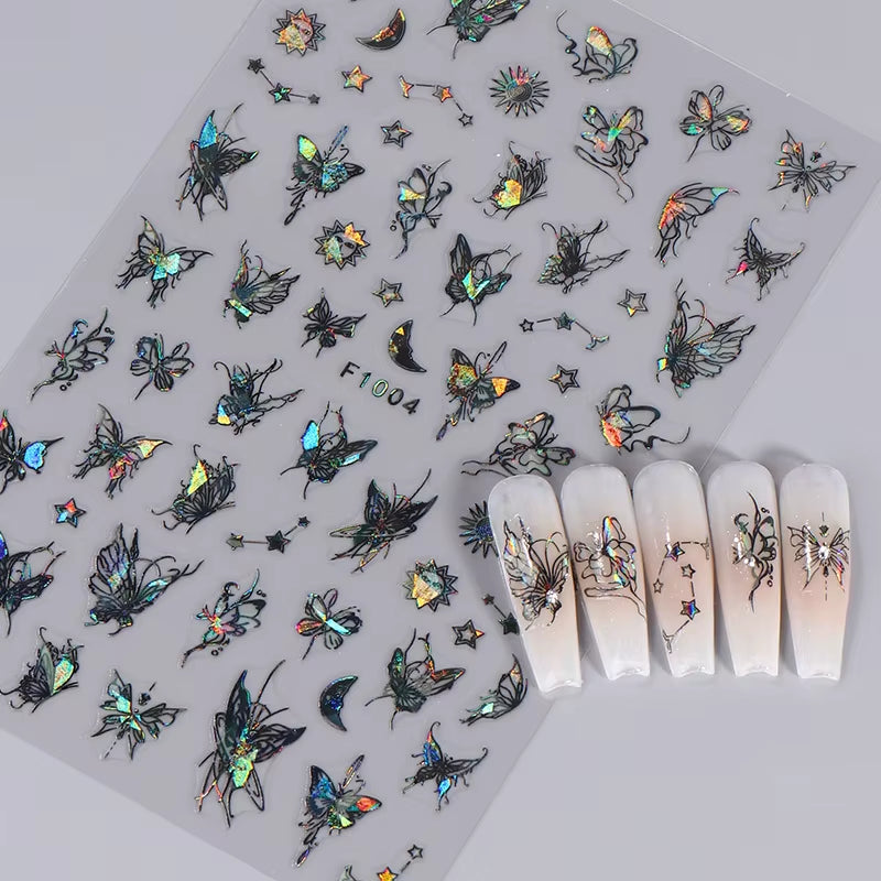 1PCS Black White Butterfly Laser Nail Stickers Y2K Nail Art Decoration Abstract Lines Bronzing Flowers Stickers for Nails