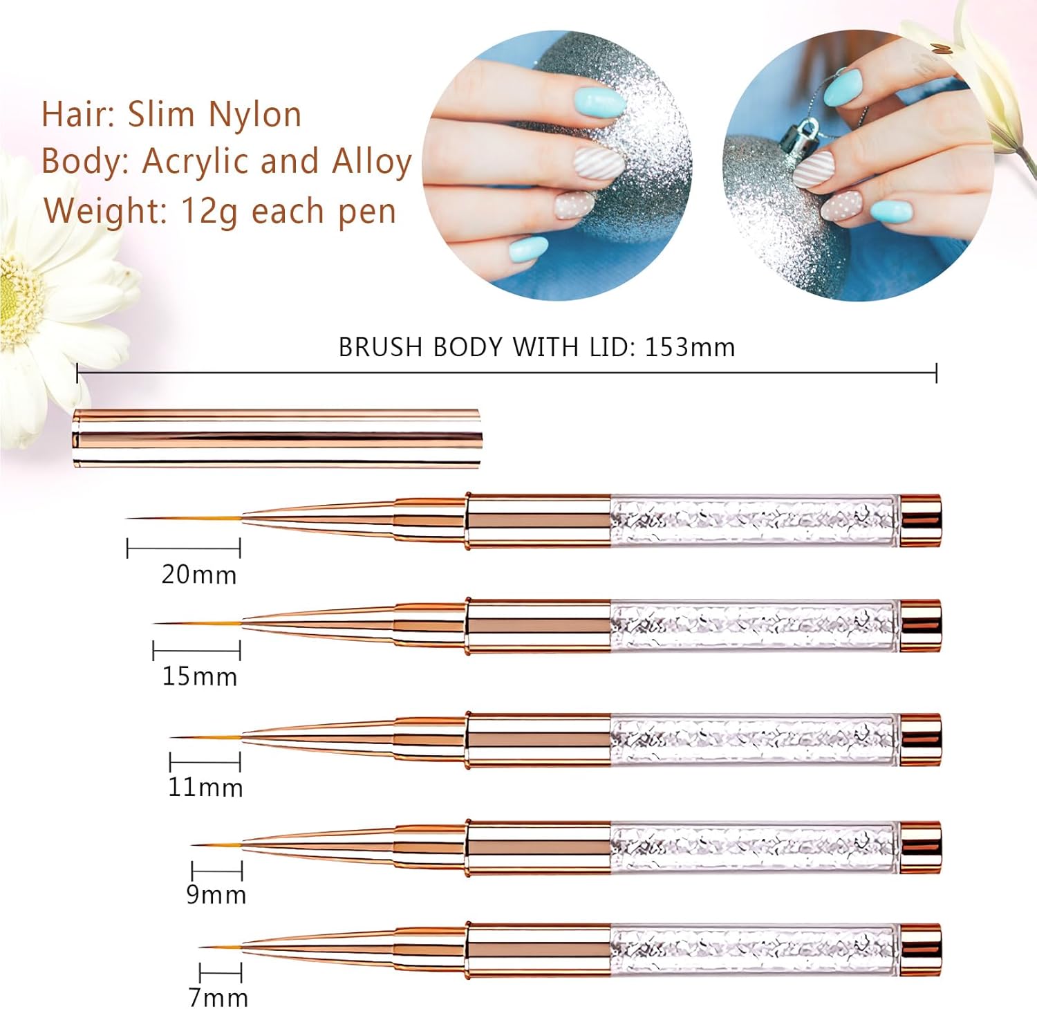 5PCS Nail Art Liner Brushes Long Set with Lid and Diamand Handle 7/9/11/15/20Mm,  Fine Detail Painting Cap Pens Kit Thin Acrylic Line Brush Tools for DIY Professional Design Rose Gold