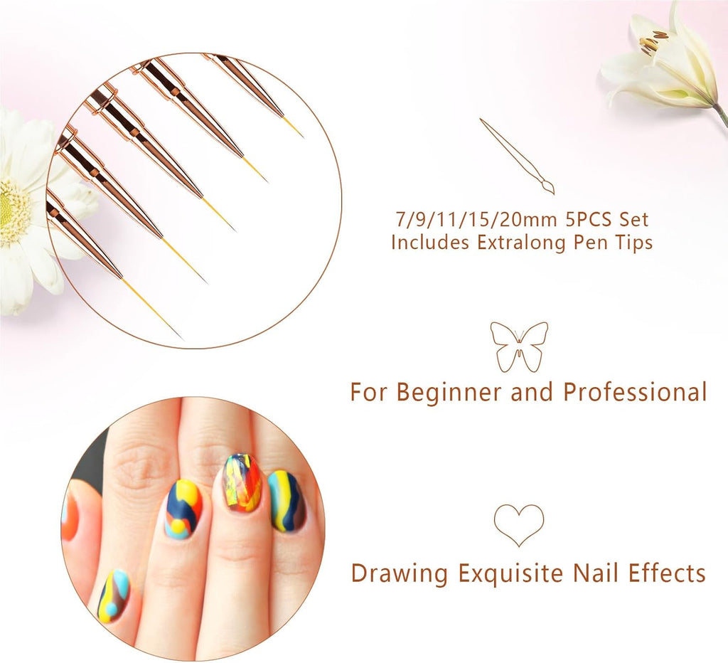 5PCS Nail Art Liner Brushes Long Set with Lid and Diamand Handle 7/9/11/15/20Mm,  Fine Detail Painting Cap Pens Kit Thin Acrylic Line Brush Tools for DIY Professional Design Rose Gold