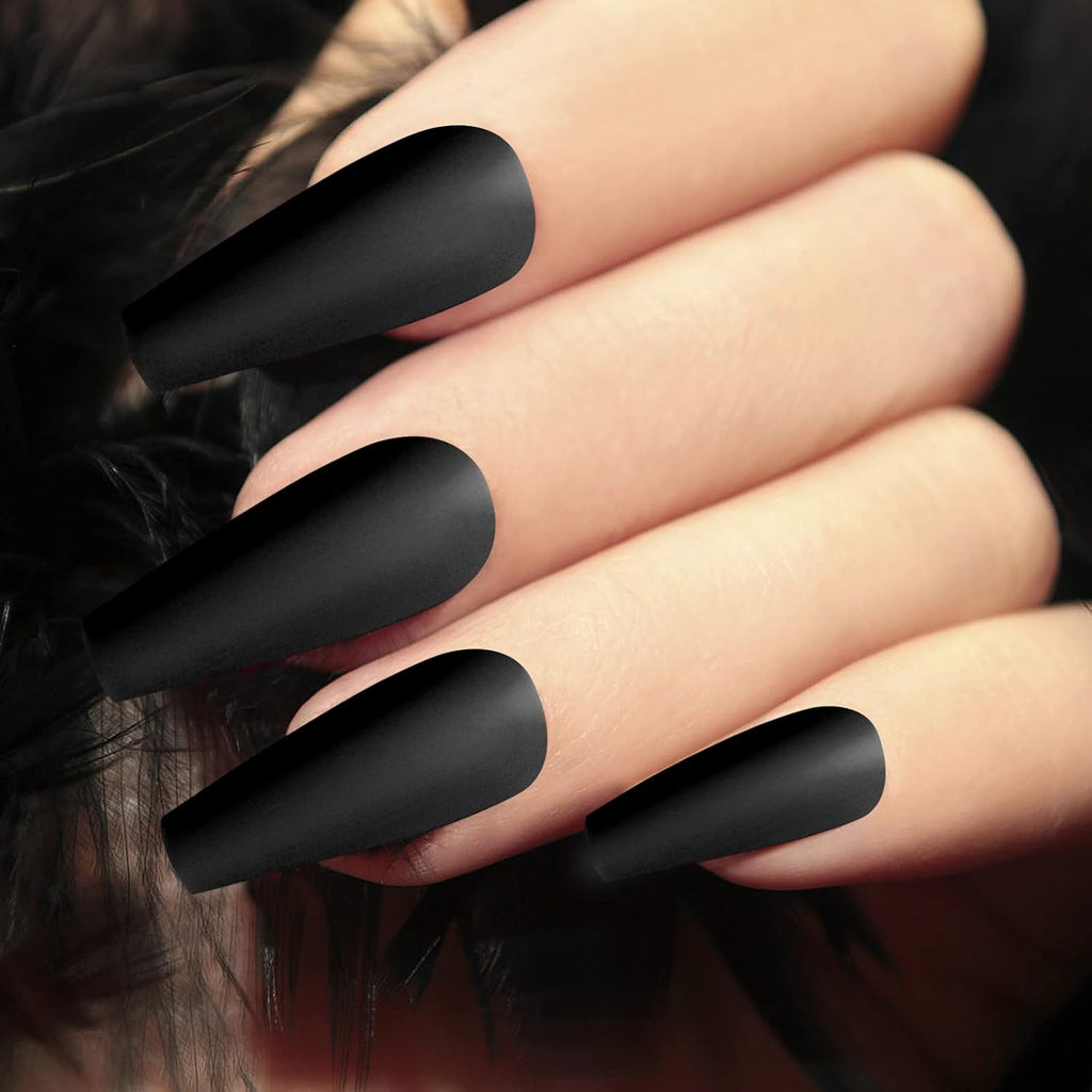 Matte Acrylic Fake Nails Tips Kit Set 100 Pieces False Fingernails Extension Long Square Shape Coffin Ballerina Full Cover on Press Professional Tech DIY Decorations Halloween Day(Black)