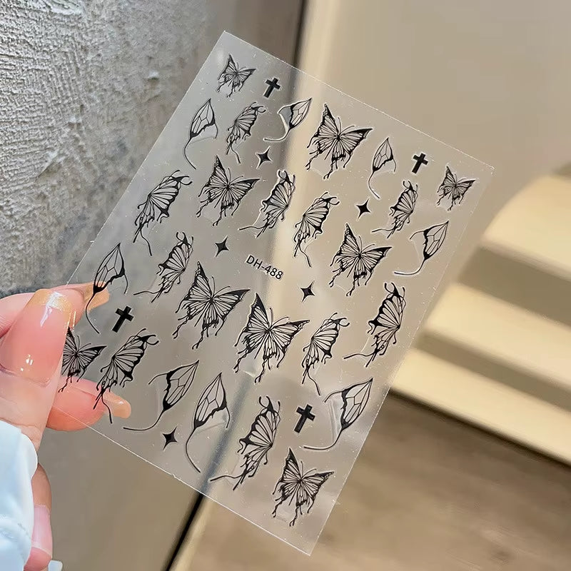 1PCS Black White Butterfly Laser Nail Stickers Y2K Nail Art Decoration Abstract Lines Bronzing Flowers Stickers for Nails