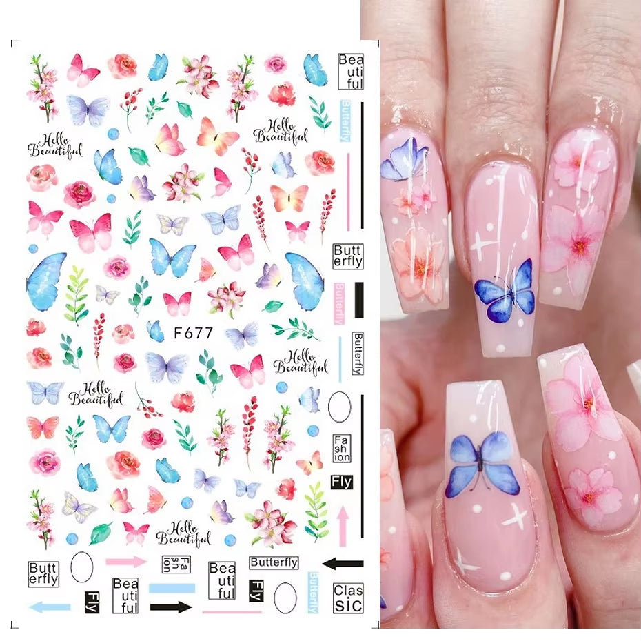 1PCS Black White Butterfly Laser Nail Stickers Y2K Nail Art Decoration Abstract Lines Bronzing Flowers Stickers for Nails