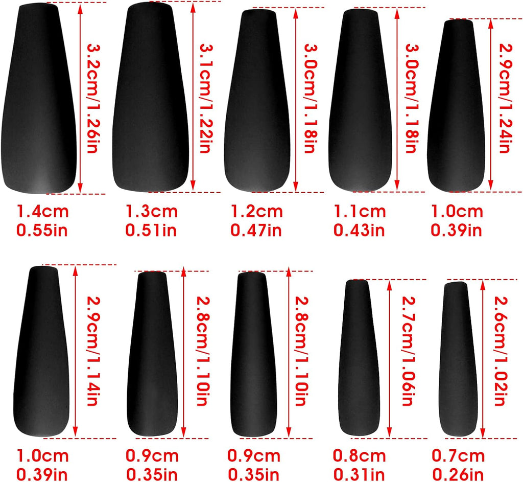 Matte Acrylic Fake Nails Tips Kit Set 100 Pieces False Fingernails Extension Long Square Shape Coffin Ballerina Full Cover on Press Professional Tech DIY Decorations Halloween Day(Black)