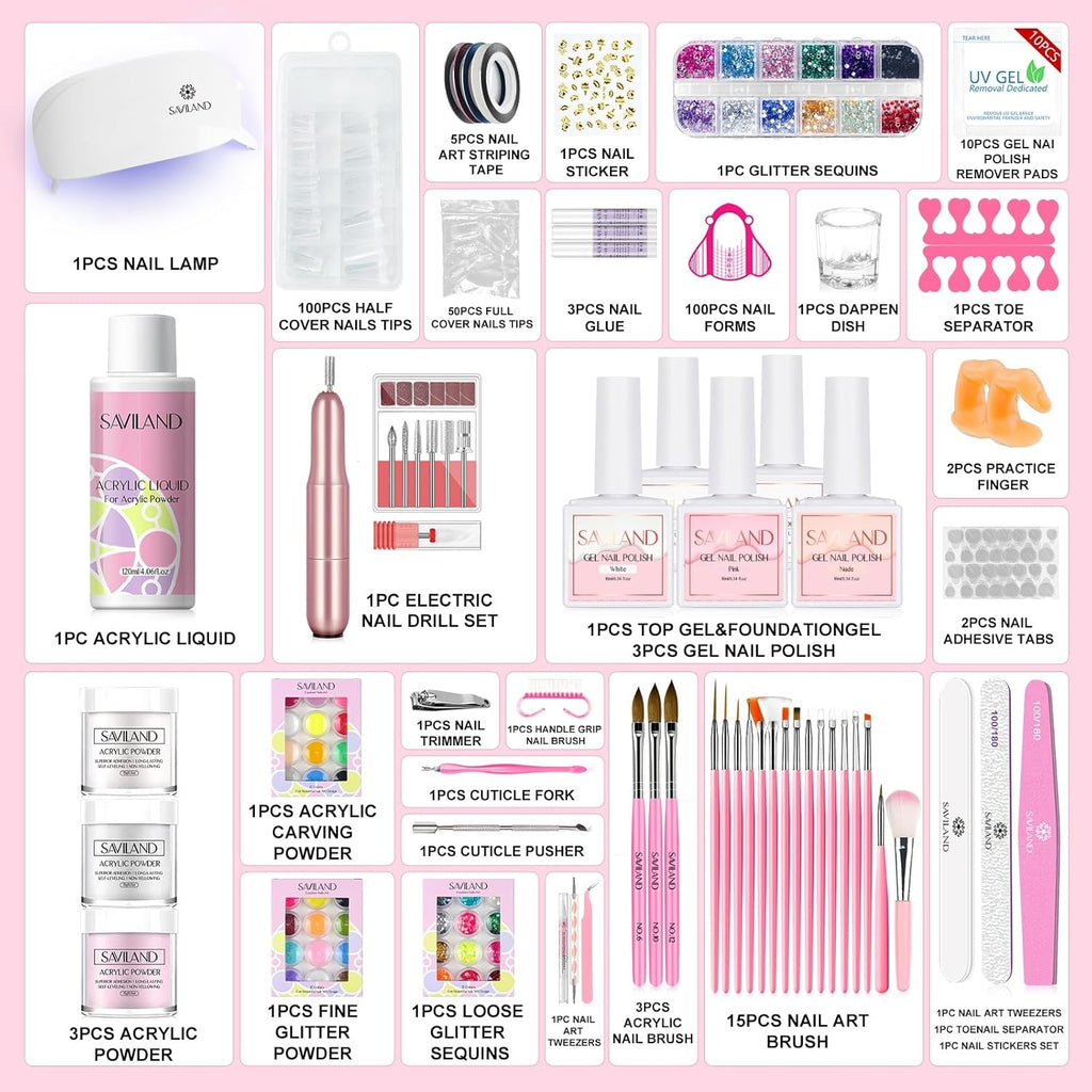 Acrylic Nail Kits Full Set for Beginners: Gel Nail Kits with U V Lamp Electric Nail Drill 5 Colors Gel Nail Polish and 3 Colors Acrylic Powder Nail Art Tools DIY Manicure Women Gift