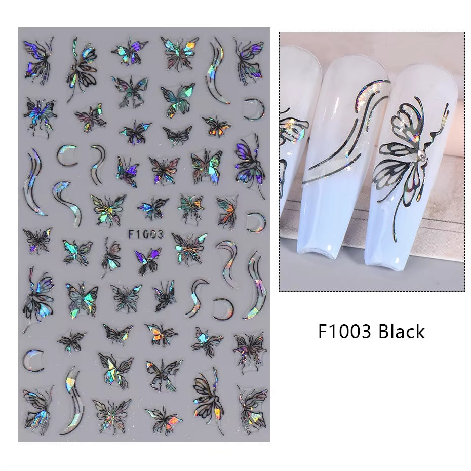 1PCS Black White Butterfly Laser Nail Stickers Y2K Nail Art Decoration Abstract Lines Bronzing Flowers Stickers for Nails