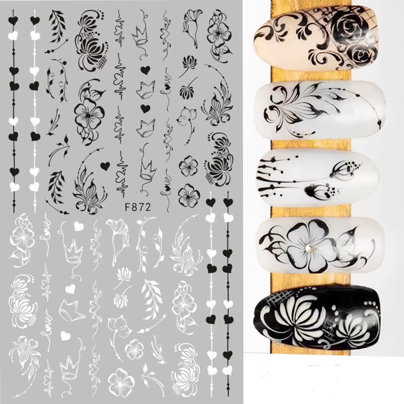 1PCS Black White Butterfly Laser Nail Stickers Y2K Nail Art Decoration Abstract Lines Bronzing Flowers Stickers for Nails