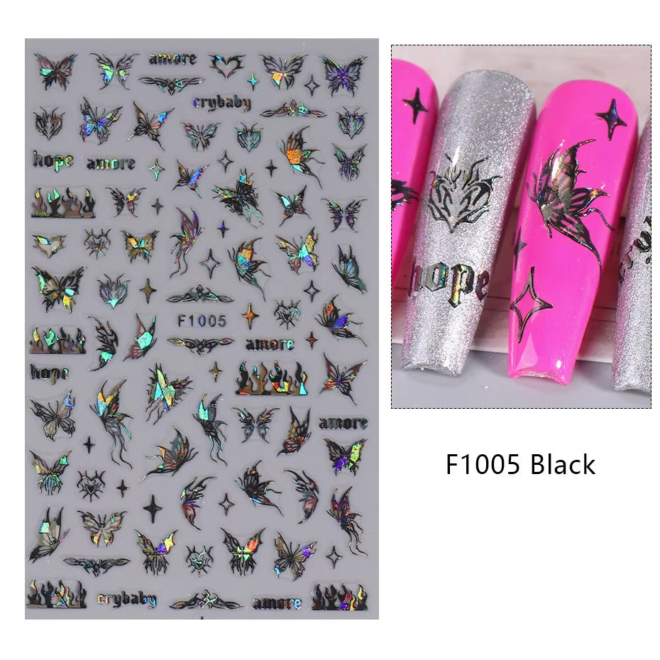 1PCS Black White Butterfly Laser Nail Stickers Y2K Nail Art Decoration Abstract Lines Bronzing Flowers Stickers for Nails