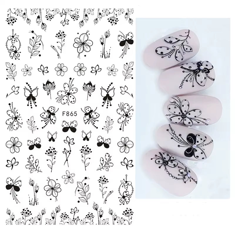 1PCS Black White Butterfly Laser Nail Stickers Y2K Nail Art Decoration Abstract Lines Bronzing Flowers Stickers for Nails