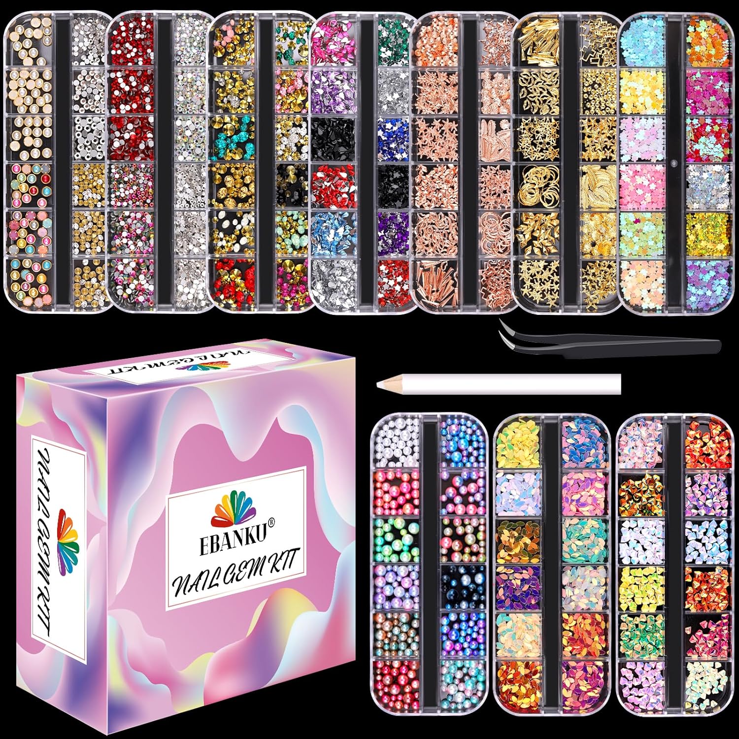 Nail Art Rhinestones, Nail Studs Gems Nail Diamonds Nail Art Crystal Nail Jewels with Pick up Tweezers for Nail Art Decoration (10 Boxs)