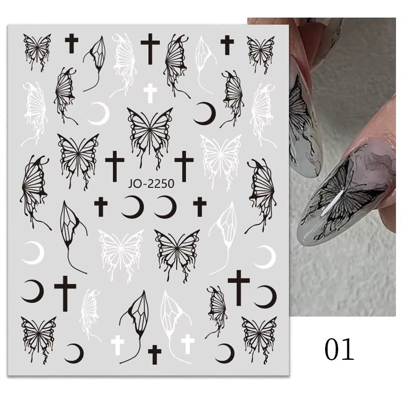 1PCS Black White Butterfly Laser Nail Stickers Y2K Nail Art Decoration Abstract Lines Bronzing Flowers Stickers for Nails