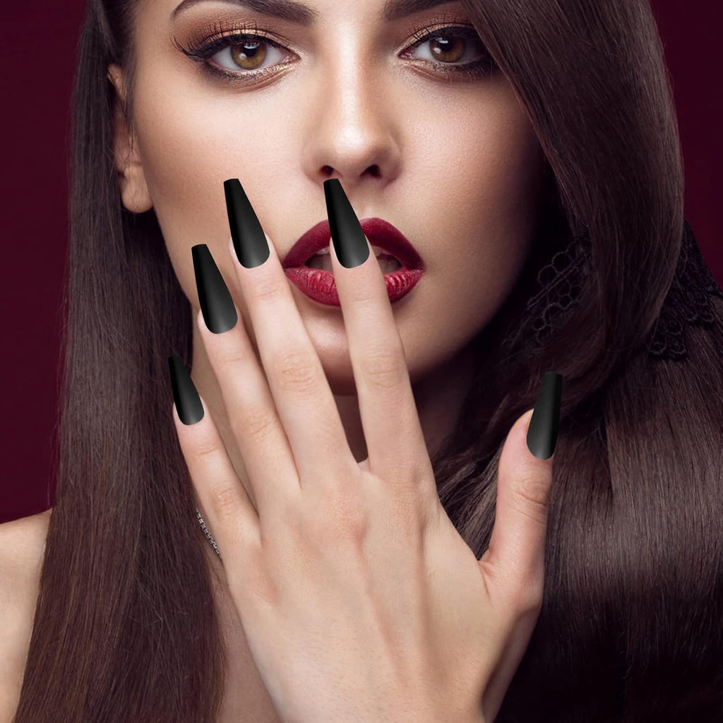 Matte Acrylic Fake Nails Tips Kit Set 100 Pieces False Fingernails Extension Long Square Shape Coffin Ballerina Full Cover on Press Professional Tech DIY Decorations Halloween Day(Black)