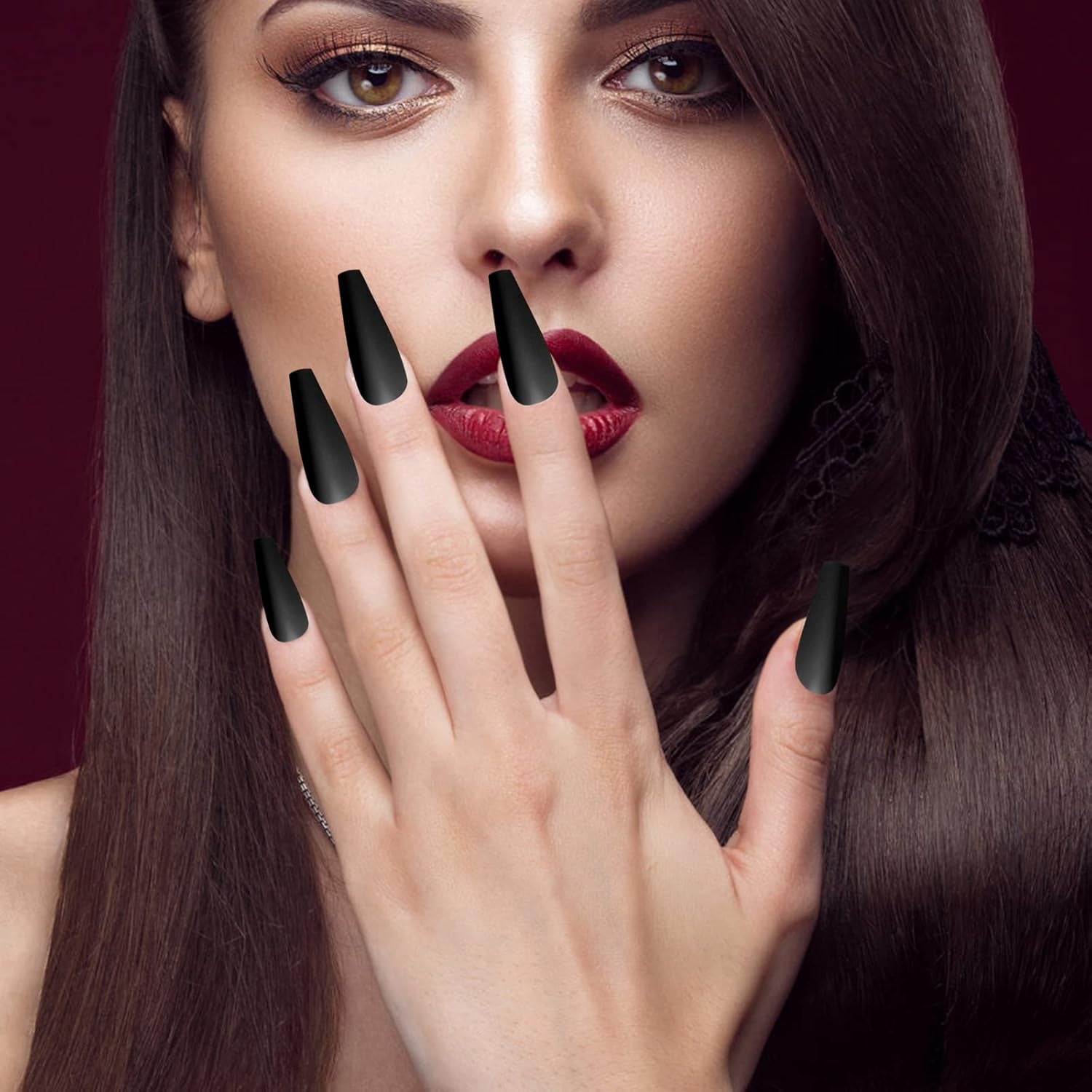 Matte Acrylic Fake Nails Tips Kit Set 100 Pieces False Fingernails Extension Long Square Shape Coffin Ballerina Full Cover on Press Professional Tech DIY Decorations Halloween Day(Black)