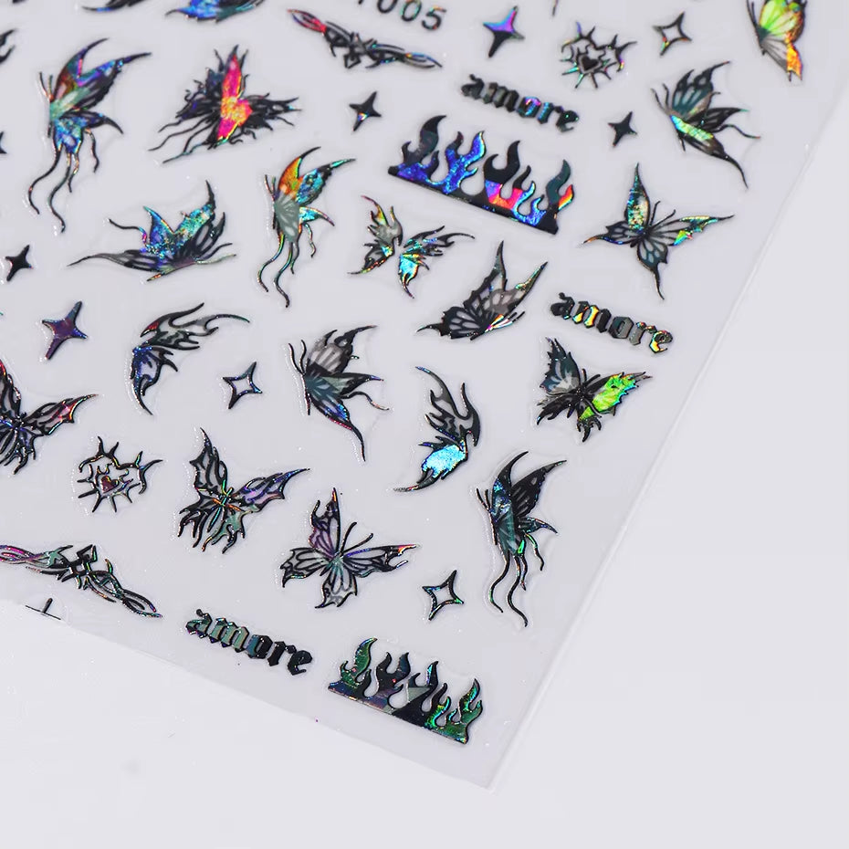 1PCS Black White Butterfly Laser Nail Stickers Y2K Nail Art Decoration Abstract Lines Bronzing Flowers Stickers for Nails