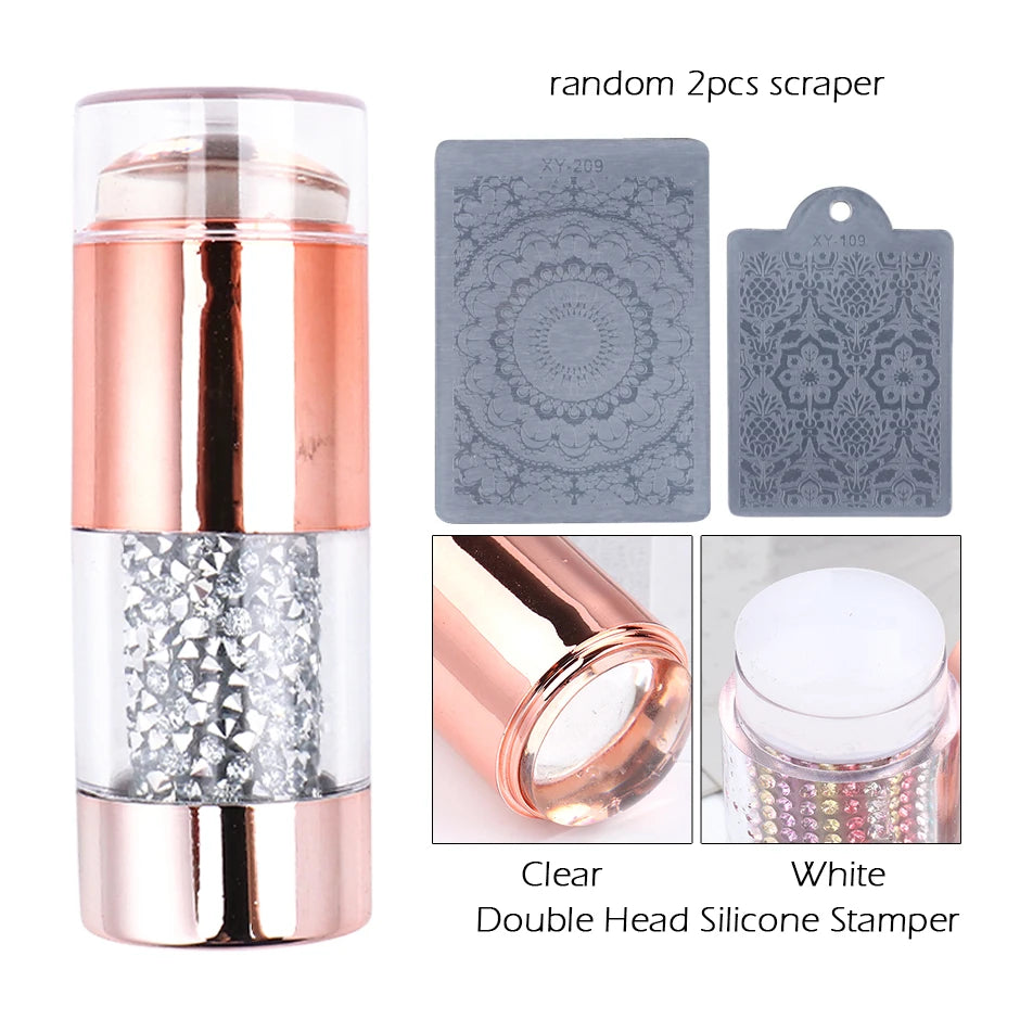 Mirror Nail Stamper Clear Silicone Head Manicure Scraper Polish Transfer Template Kits with Cap Nail Art Stamping Plate CH1033-1