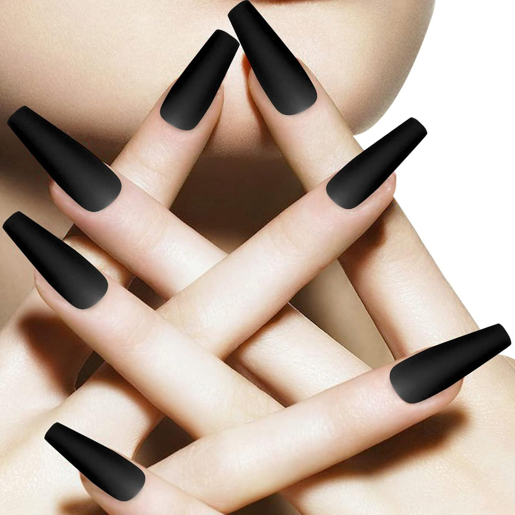 Matte Acrylic Fake Nails Tips Kit Set 100 Pieces False Fingernails Extension Long Square Shape Coffin Ballerina Full Cover on Press Professional Tech DIY Decorations Halloween Day(Black)