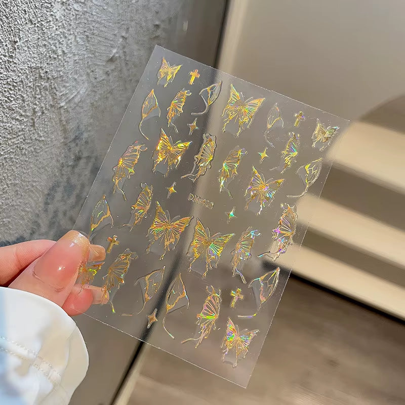 1PCS Black White Butterfly Laser Nail Stickers Y2K Nail Art Decoration Abstract Lines Bronzing Flowers Stickers for Nails